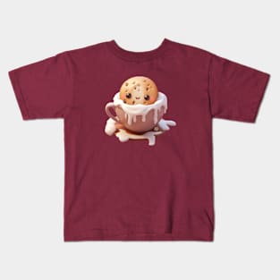 Cute Kawaii Chocolate Chip Cookie in a cup of hot chocolate and cream Kids T-Shirt